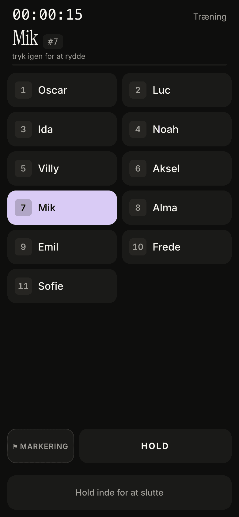 Optageskærmen i Sidetalk med spillerchips og live-tekst