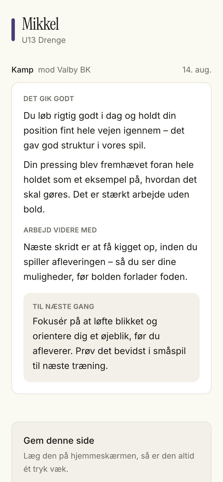 Spillerens egen feedbackside på mobilen