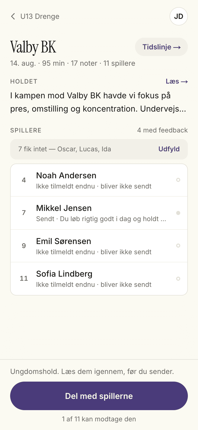 Gennemgang med holdopsummering og individuel feedback pr. spiller