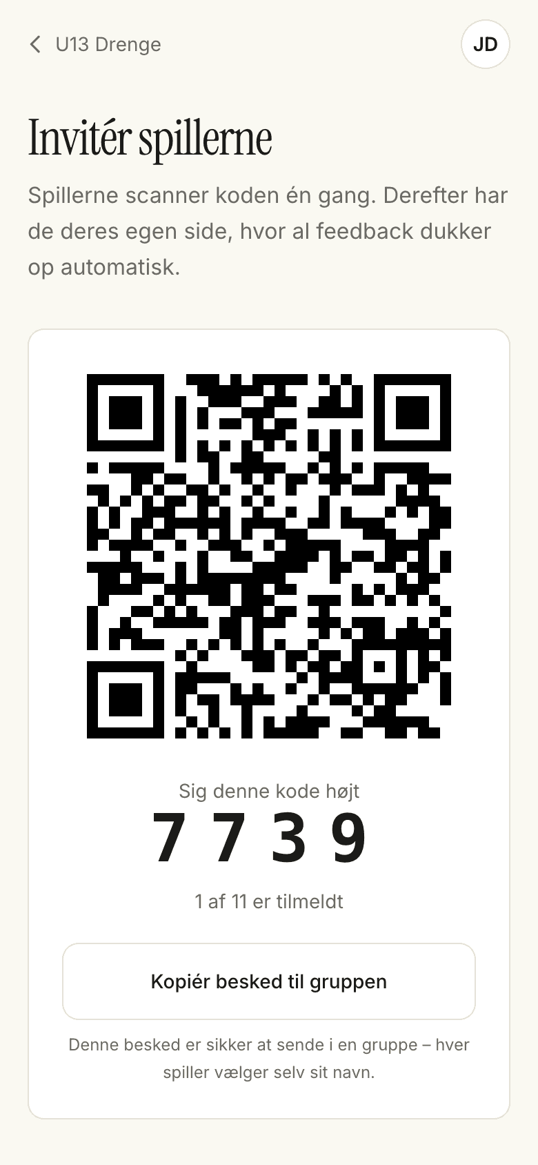 QR-kode og kode til at invitere spillerne