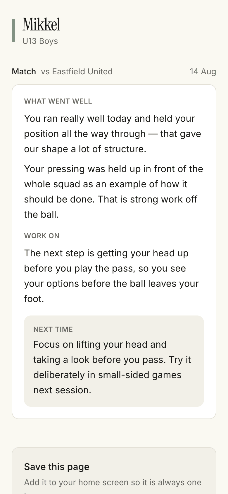 A player's own feedback page on mobile