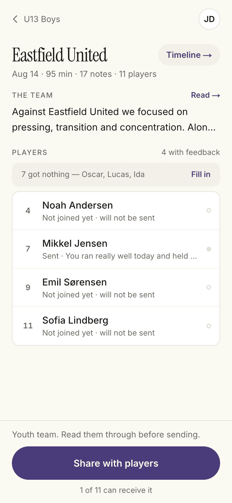 Review screen with team summary and per-player feedback
