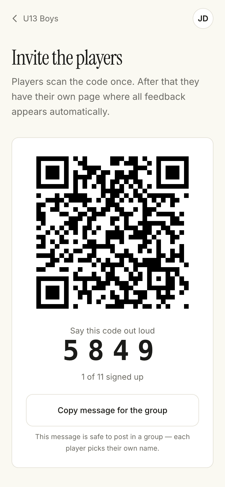 QR code and spoken code for inviting players